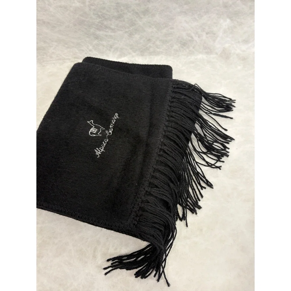 Alpaca Camargo Black Scarf Embroidered Logo Fringe Made in Peru Alpaca Wool